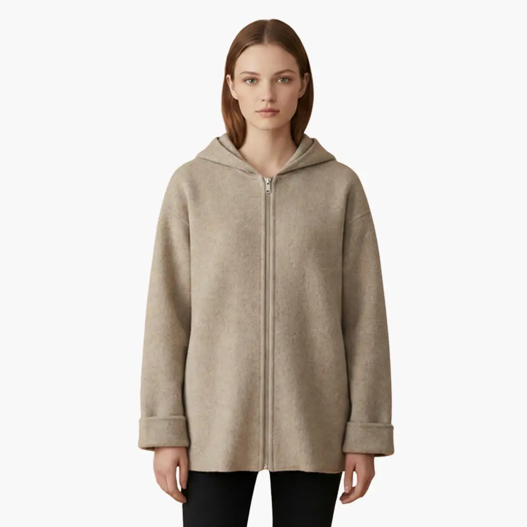 Women’s hooded jacket in beige with front zipper and pockets