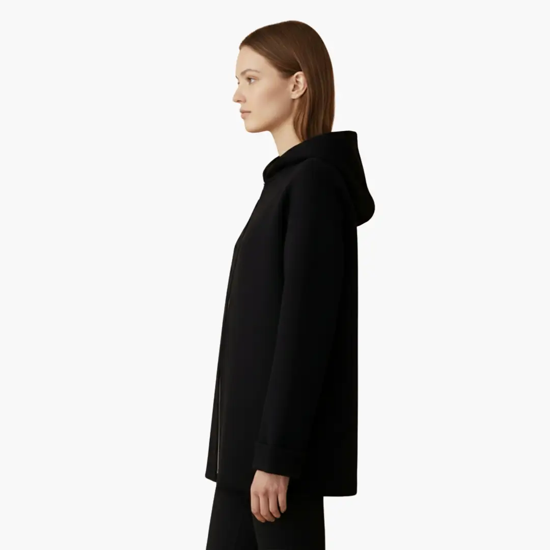 Women’s Hooded Jacket in black with zipper and pockets, Wilfred Smith wrap coat