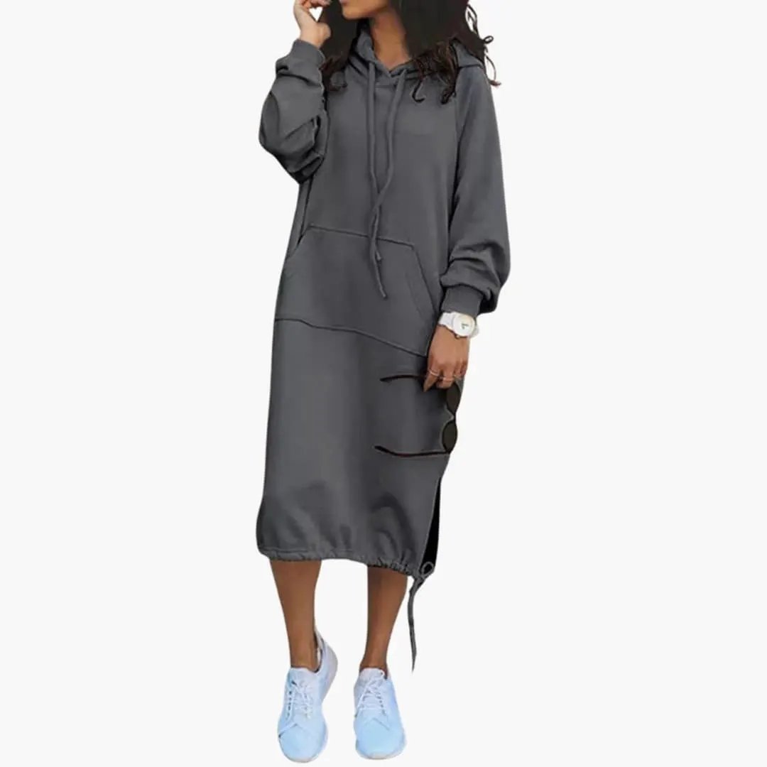 Women’s Hoodie Dress in gray with kangaroo pocket and drawstring hem