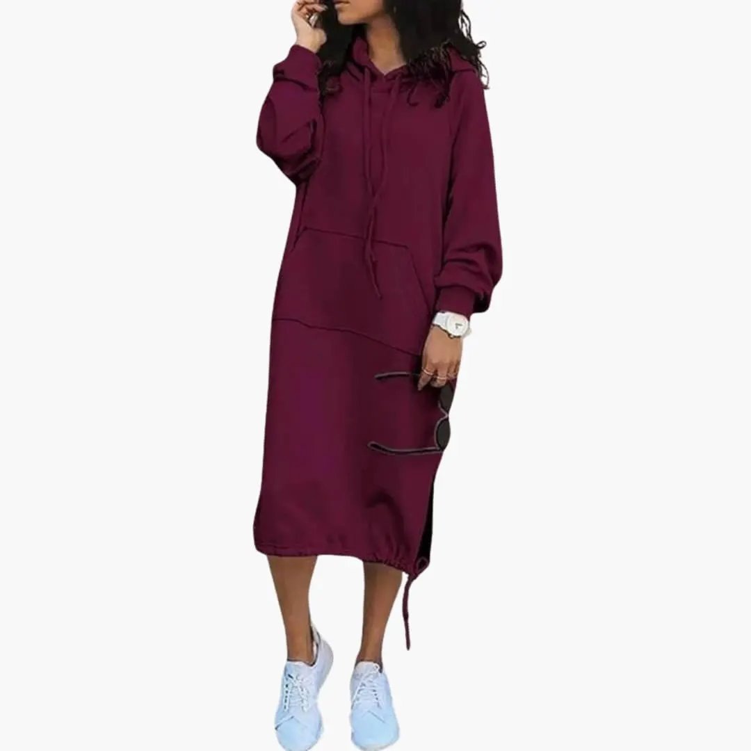 Women's burgundy long hoodie dress with kangaroo pocket and drawstring hem