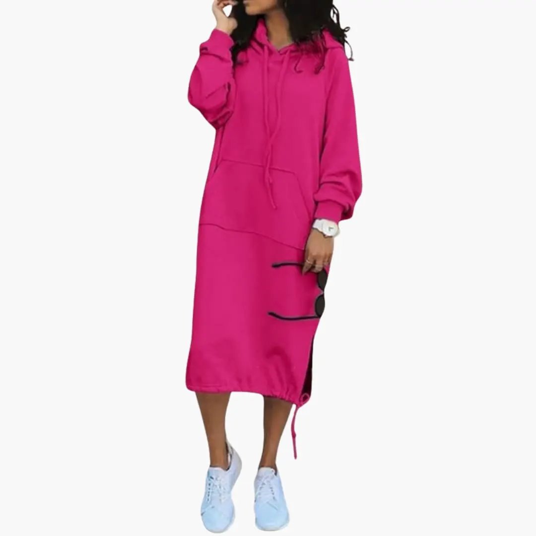 Women’s hoodie dress in bright pink with kangaroo pocket, hood and drawstring hem