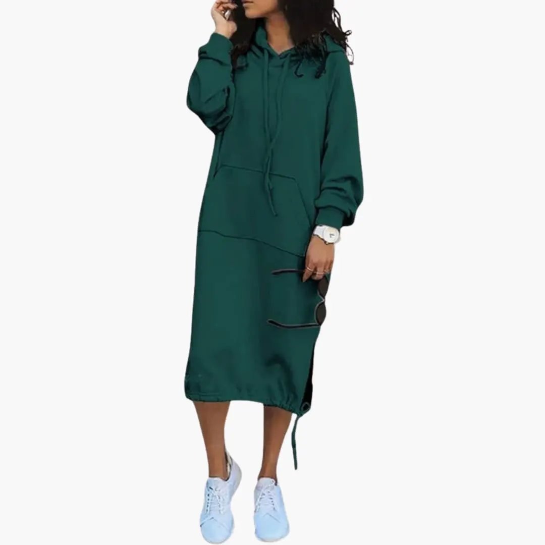 Women’s hoodie dress in deep green with kangaroo pocket and drawstring hem by Wilfred Smith