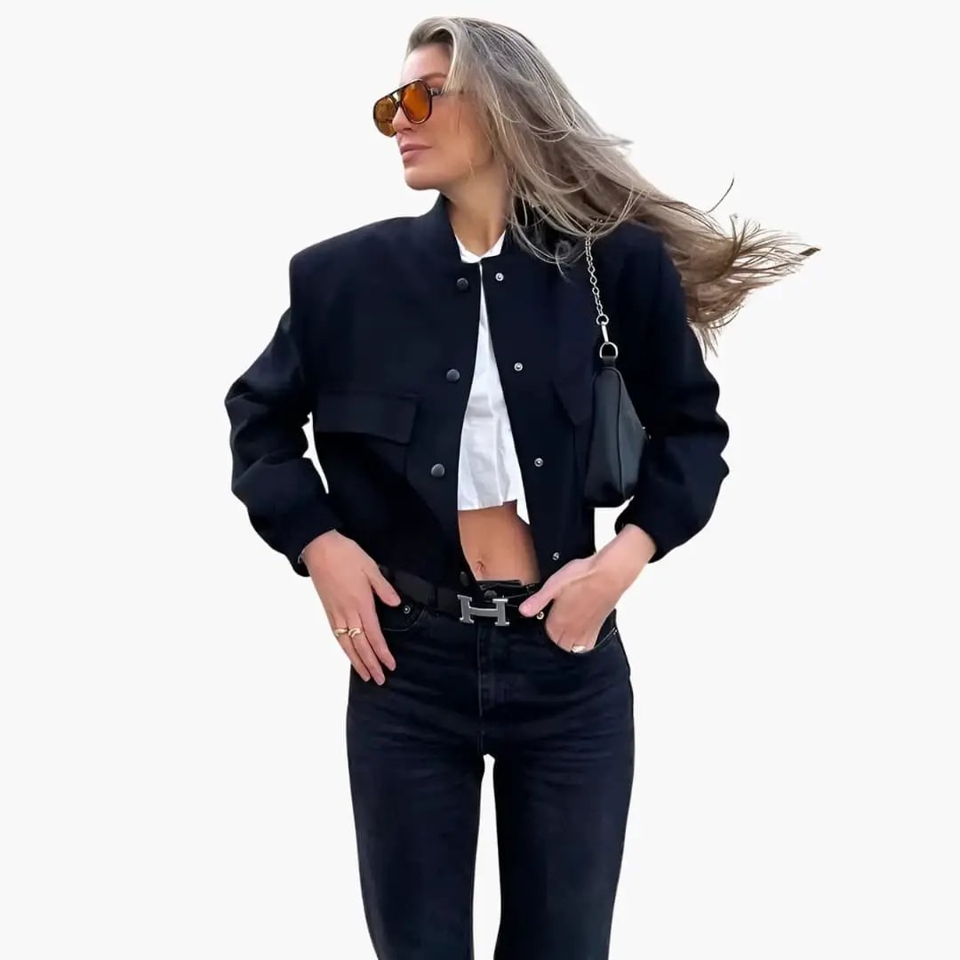 Women’s Jacket with Button Closure and Ribbed Hem, black cropped bomber by Wilfred Smith