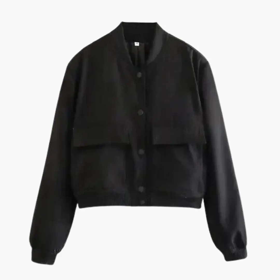 Women's cropped bomber jacket by Wilfred Smith in black with button closure and ribbed hem.