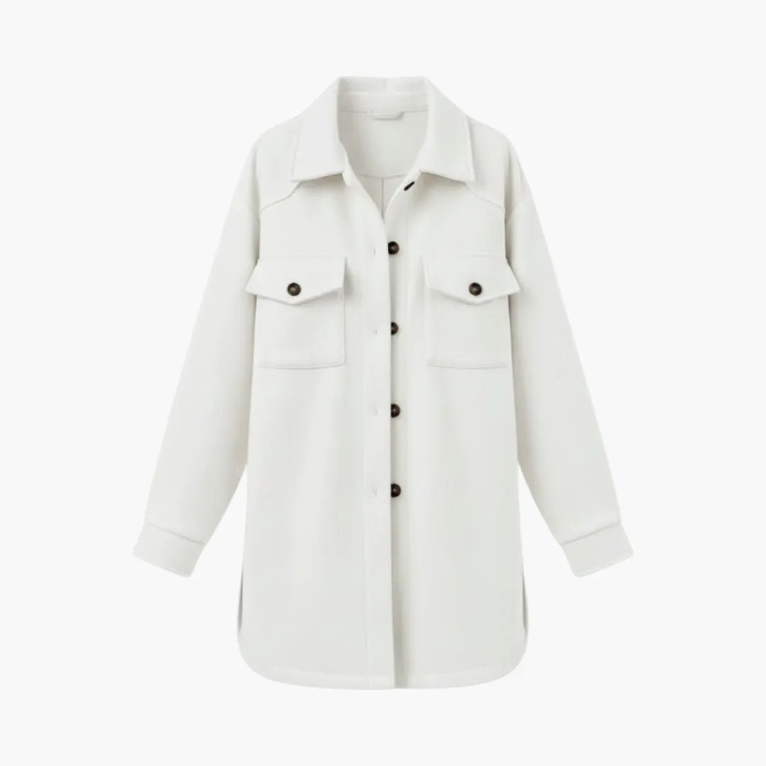 Women's white jacket with front button closure and two chest flap pockets
