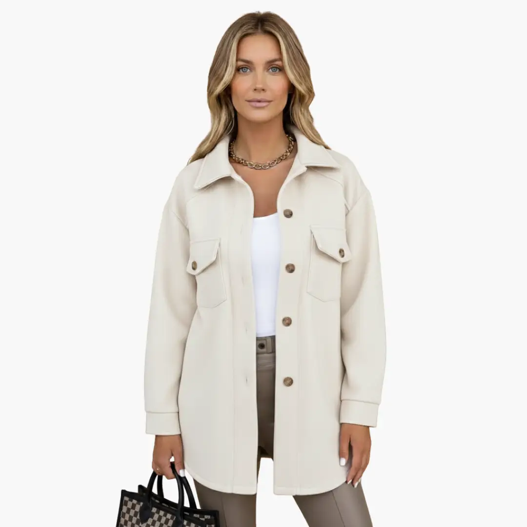 Women’s jacket, cream long coat with button-front and flap chest pockets