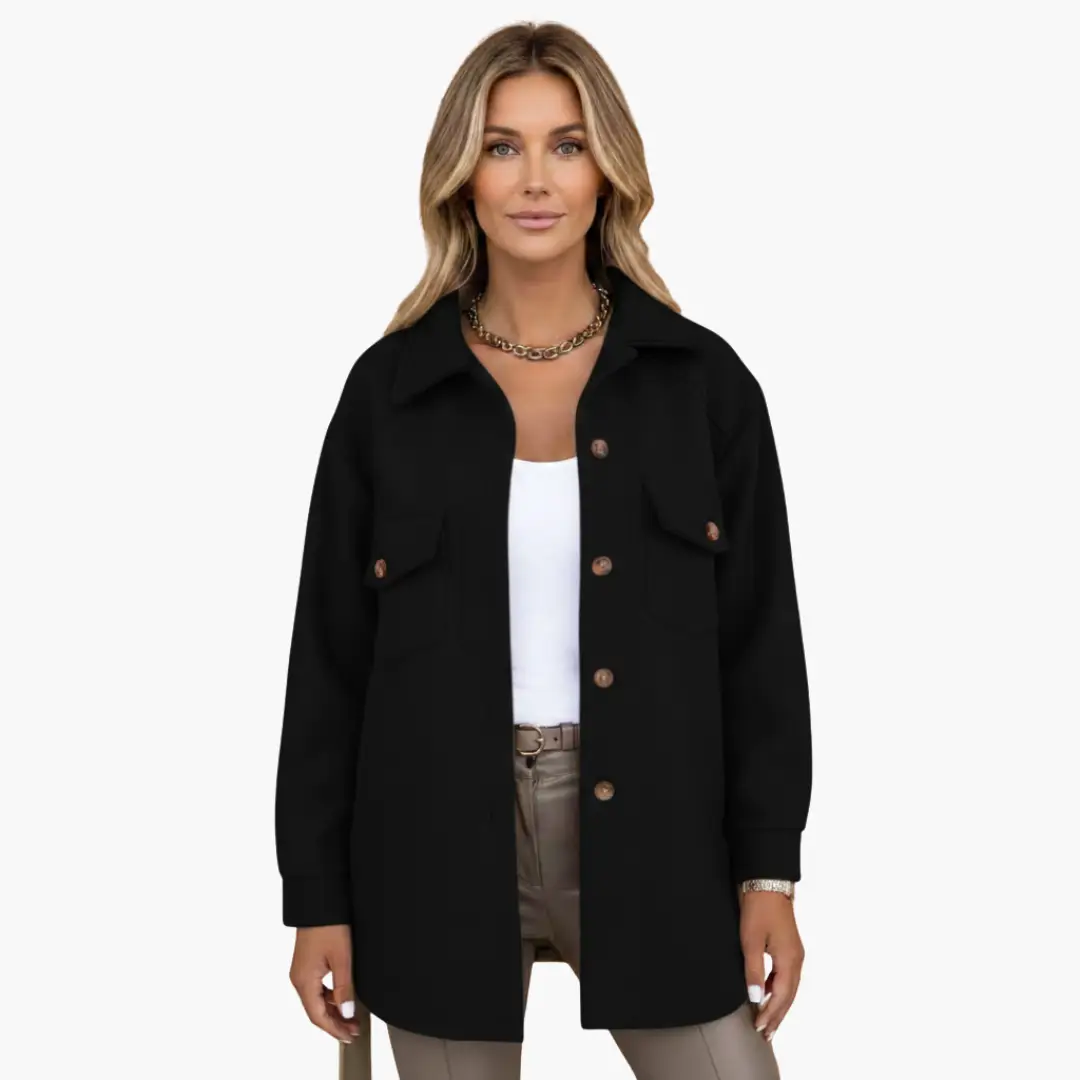 Women’s long black jacket with front button closure and chest pockets