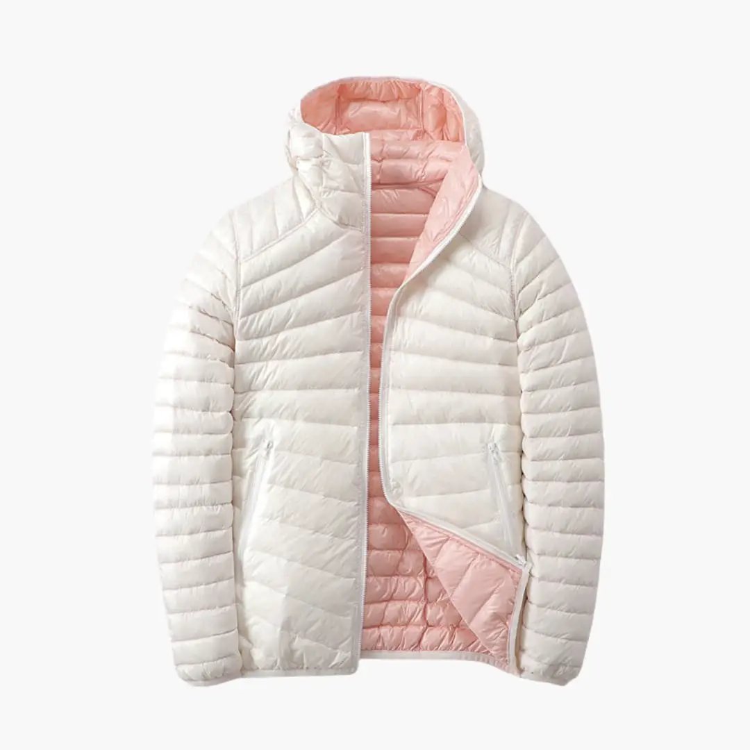 Women’s reversible puffer jacket with hood; cream exterior, pink interior