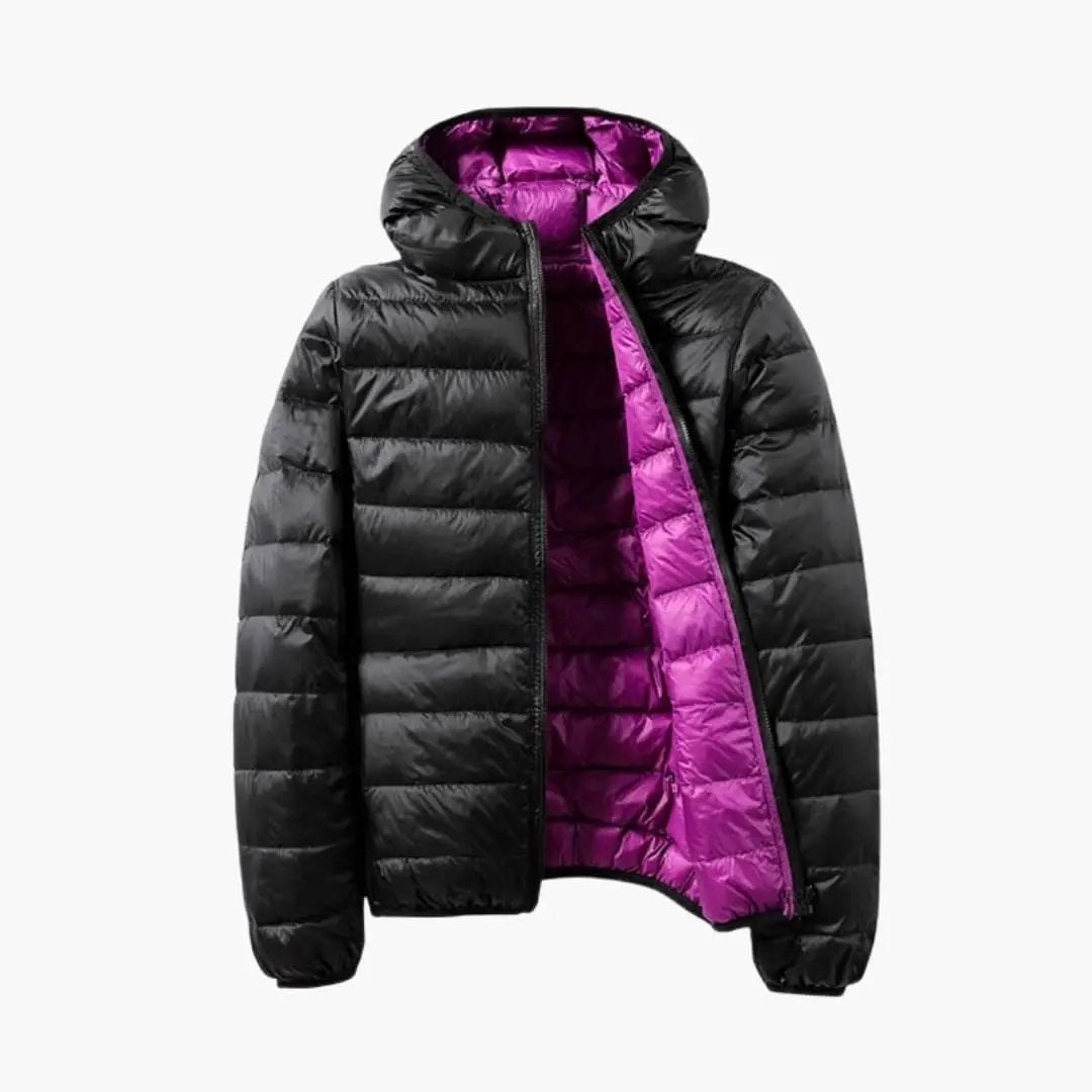 Women’s jacket with hood by Wilfred Smith, reversible black puffer with magenta interior