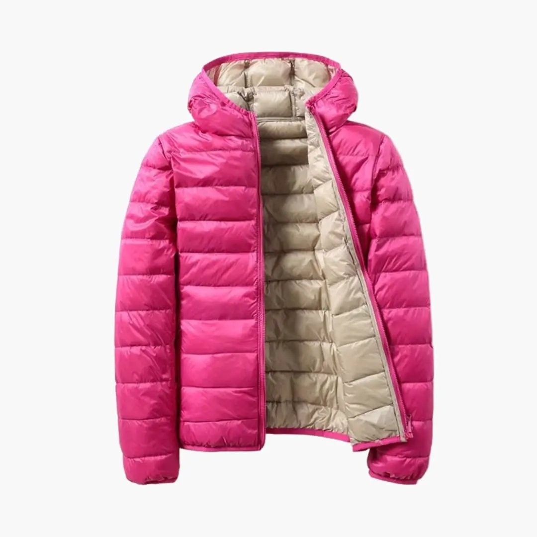 Women's pink reversible puffer jacket with hood, beige interior lining