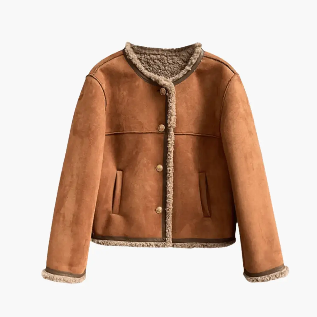 Women's tan suede-look jacket with sherpa trim, short length, front button closure and pockets.
