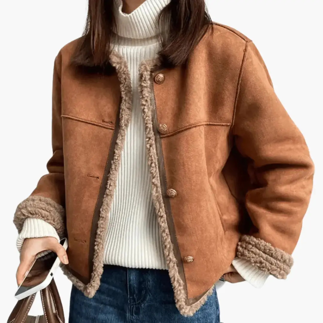 Women’s Jacket with Sherpa-Style Trim, tan faux suede short coat by Wilfred Smith
