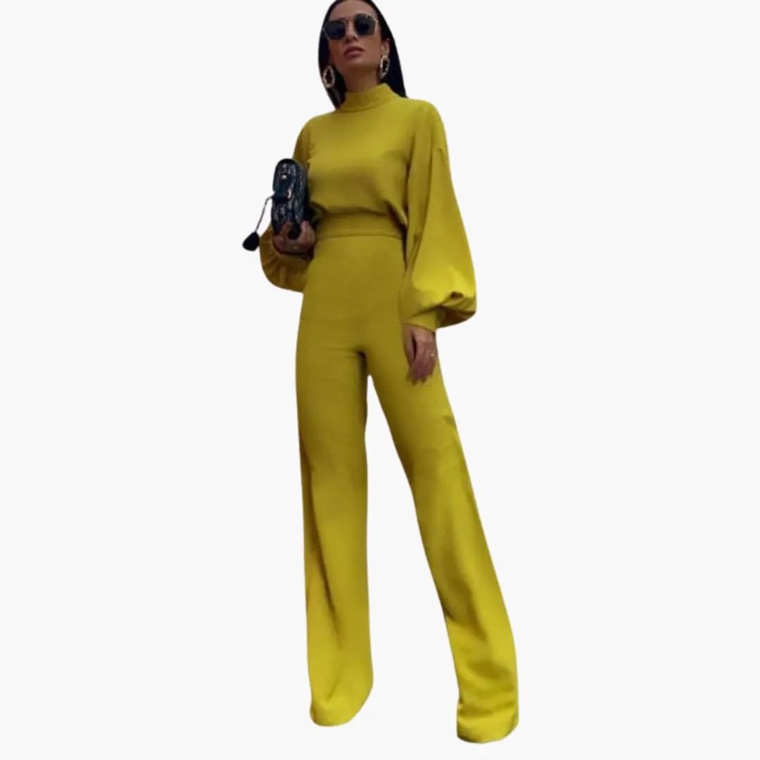 Women’s Jumpsuit (one-piece) in mustard yellow with half collar and long balloon sleeves