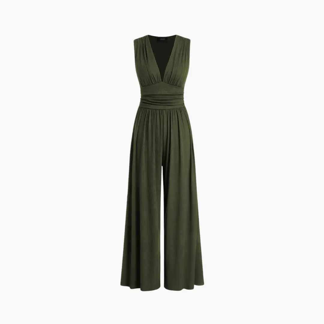 Women's sleeveless olive green jumpsuit with wide-leg pants and wrapped waist
