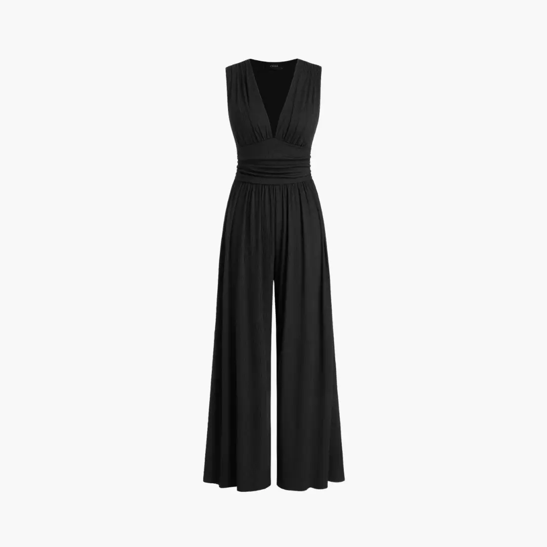 Women's sleeveless black jumpsuit with a ruched waist and wide-leg pants by Wilfred Smith