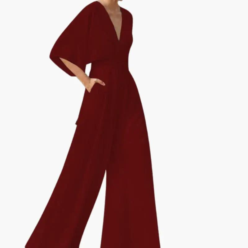 Women's burgundy V-neck jumpsuit with half sleeves by Wilfred Smith, wide-leg pants