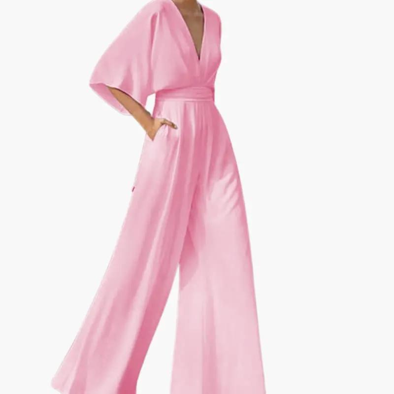 Women's pink V-neck jumpsuit with half sleeves, belted waist and wide-leg pants