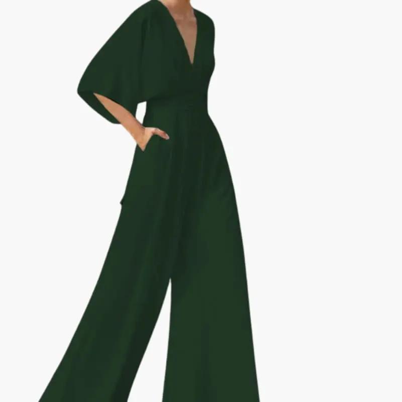 Women's emerald green V-neck jumpsuit with half sleeves, Wilfred Smith, wide-leg style