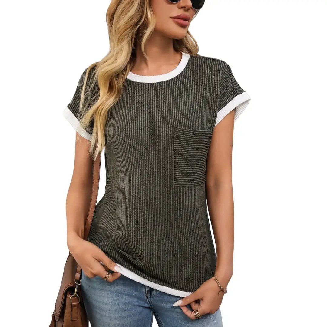 Women's knit crew neck T-shirt with white trim, olive pinstripe, front pocket, short sleeves