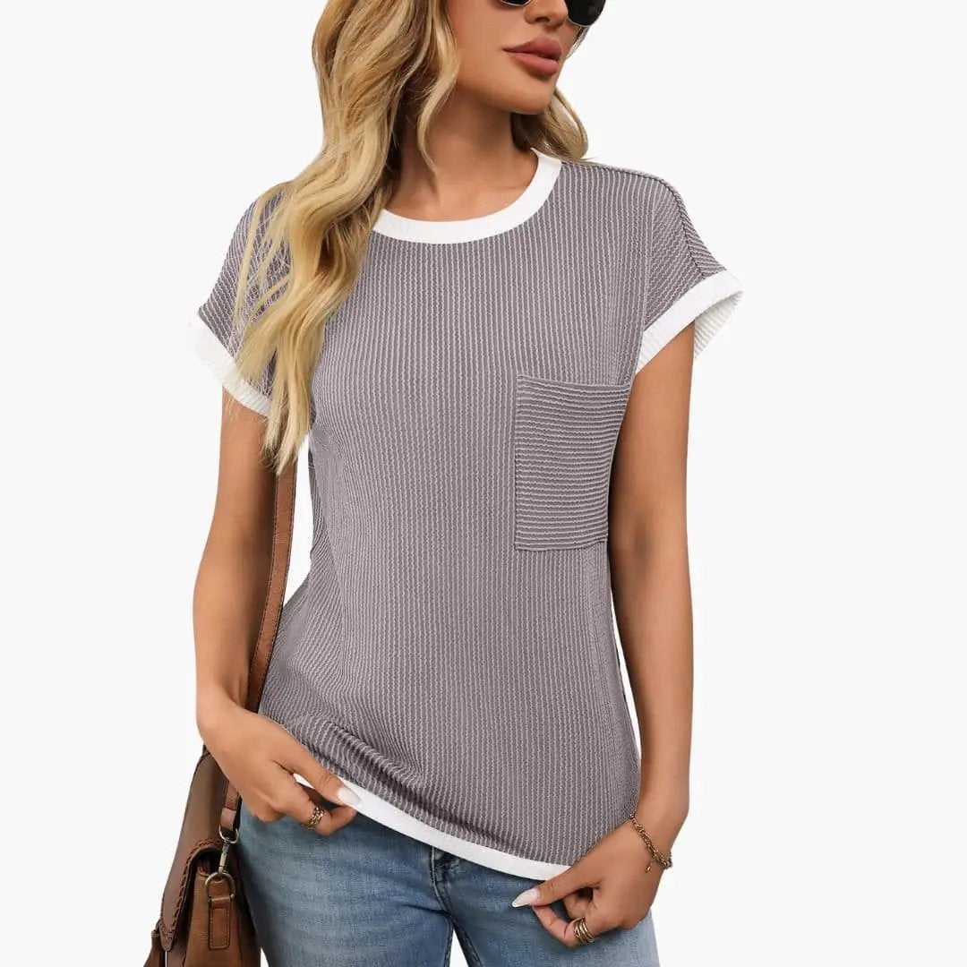 Wilfred Smith women's knit crew neck T-shirt in gray with white trim, front pocket, short sleeves