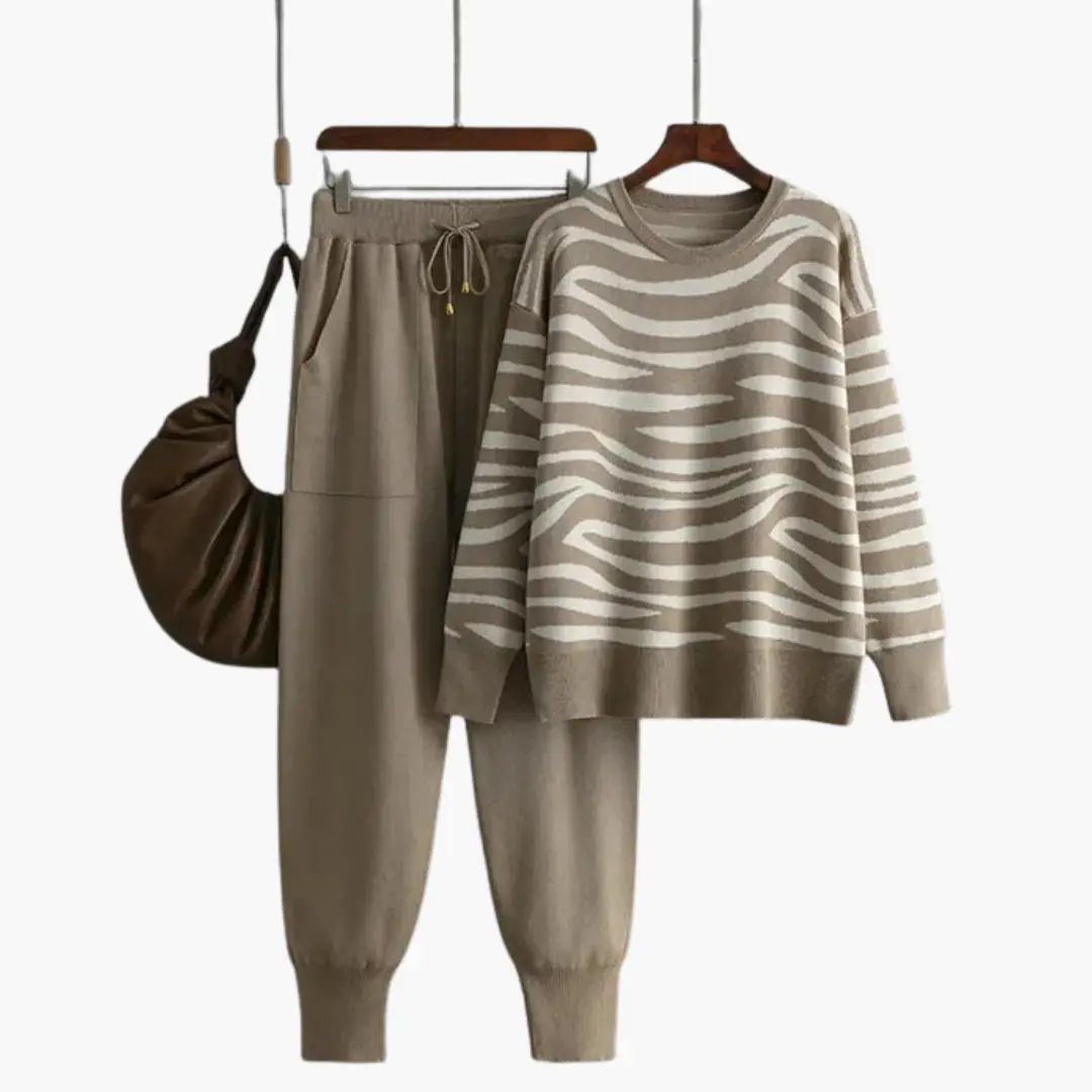 Women’s knit lounge set, two-piece: striped beige sweater and taupe joggers