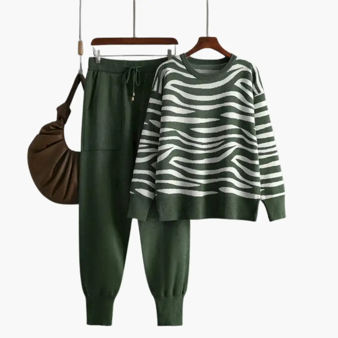 Women’s Knit Lounge Set: green striped sweater and matching green joggers, two-piece by Wilfred Smith