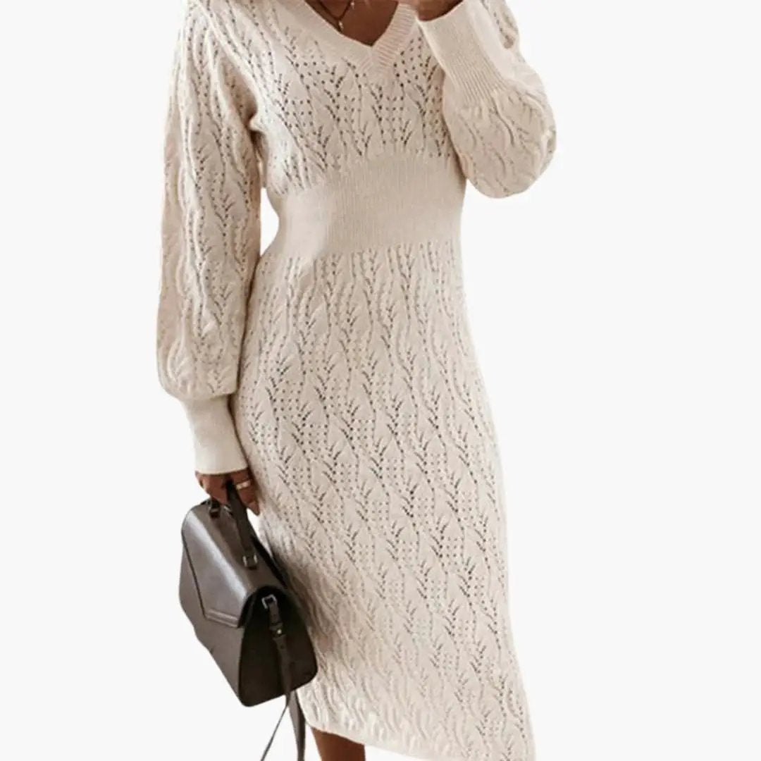 Women’s Knit Pattern Dress beige cable-knit with long sleeves