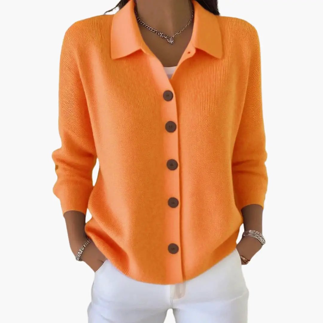 Women's orange lapel-collar cardigan with button-down front and textured knit.