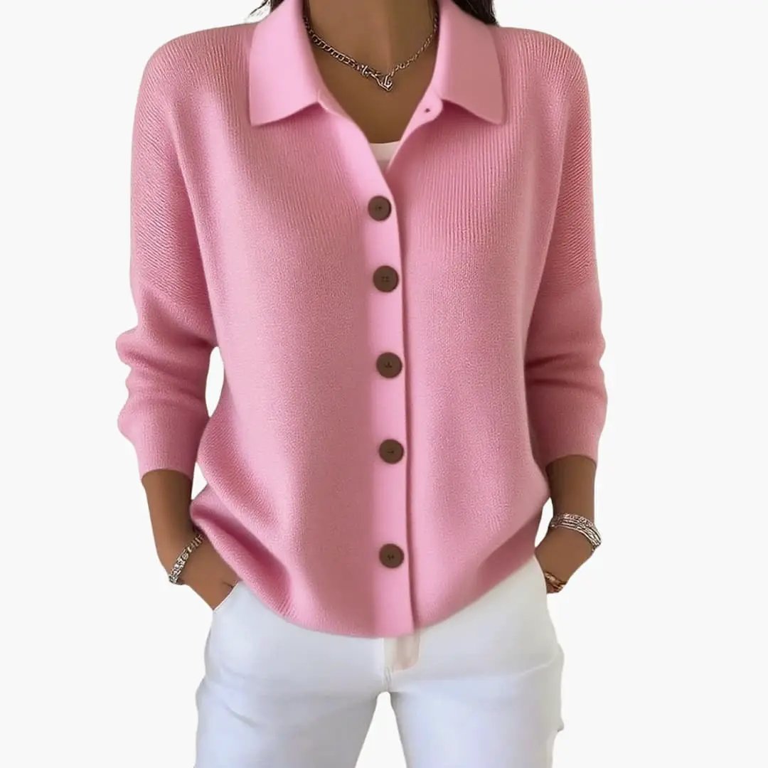 Women's pink lapel-collar cardigan with button-front closure and textured knit