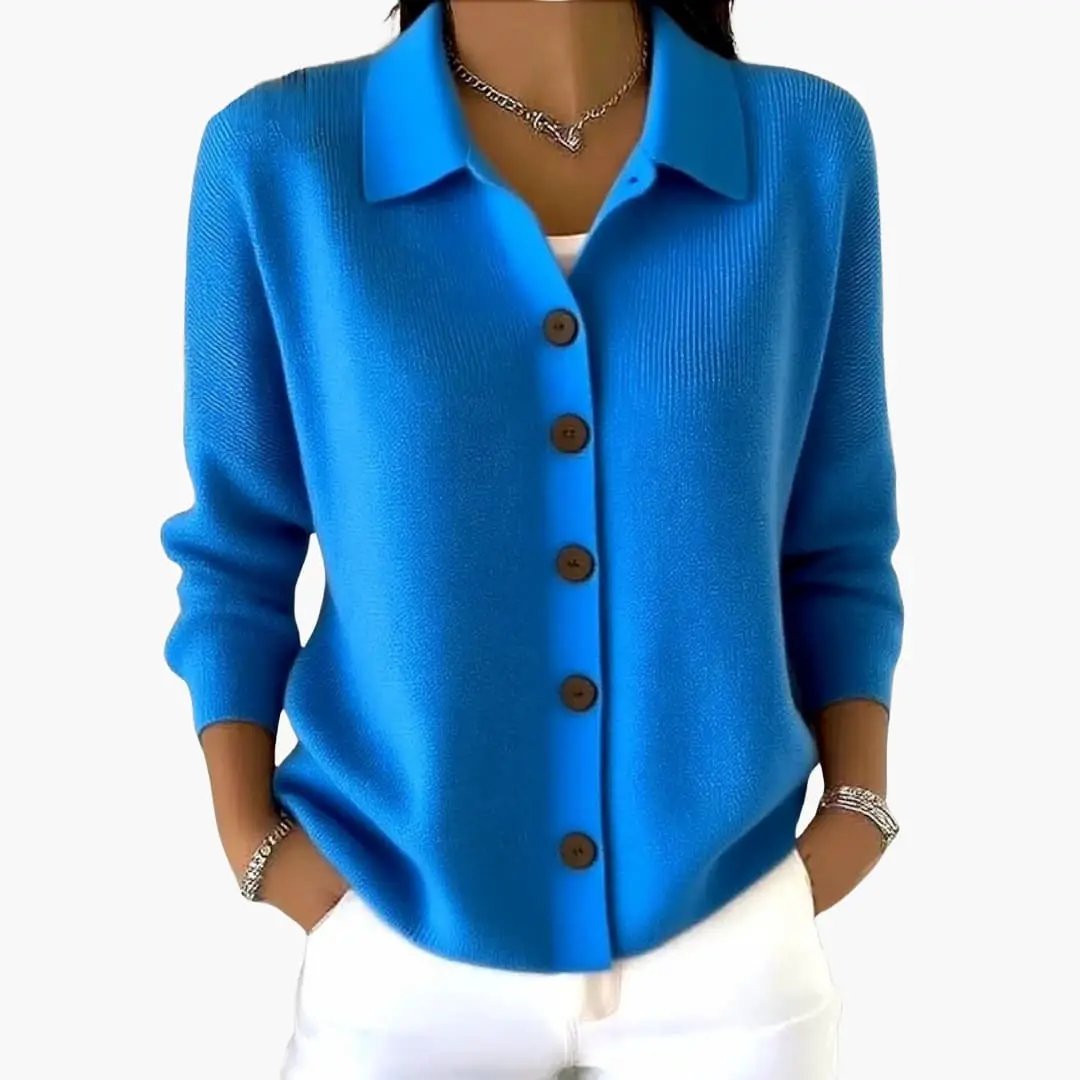 Women's lapel-collar cardigan by Wilfred Smith in bright blue textured knit with brown buttons and front closure.