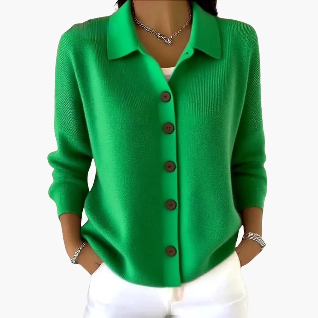 Women's green lapel-collar cardigan with button closure and textured knit by Wilfred Smith