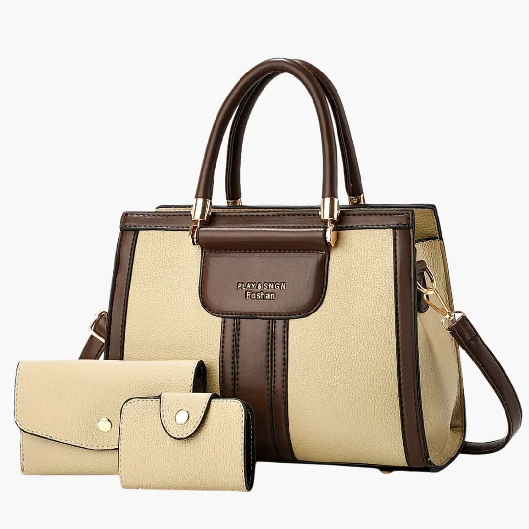 Women's Leather Shoulder Bag in beige with brown trim; adjustable strap; includes wallet & card holder