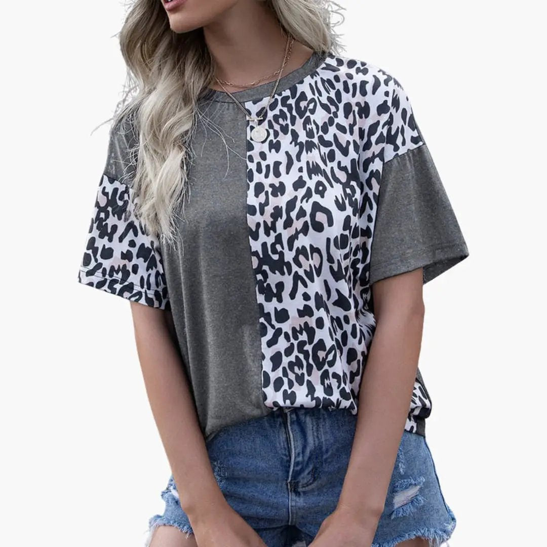Women’s leopard-pattern short-sleeve crew-neck T-shirt with a charcoal gray panel and lavender leopard-print panel