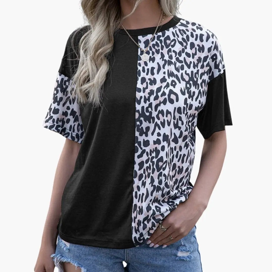 Women's color-block leopard print short-sleeve T-shirt, crew neck, black and grey by Wilfred Smith