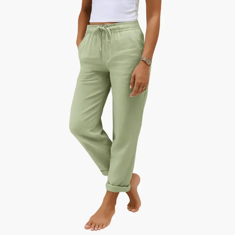 Women's linen pants in sage green with elastic waistband and drawstring
