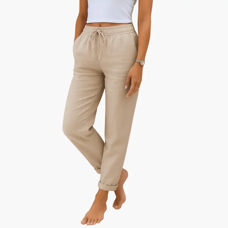 Women's linen trousers in beige with elastic drawstring waistband, rolled cuffs