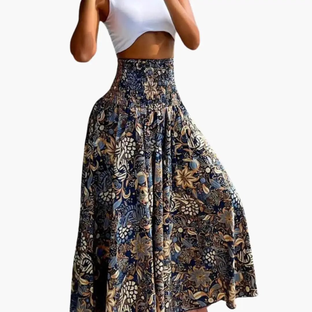 Women's Wilfred Smith floral long A-line skirt with elastic waistband and side pockets, navy beige print