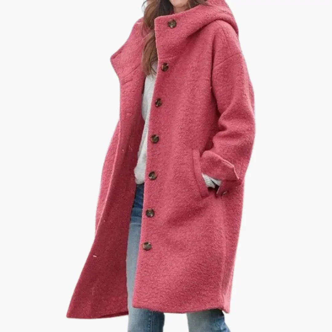 Women’s long pink coat with stand collar and button-front closure; textured fabric with side pockets