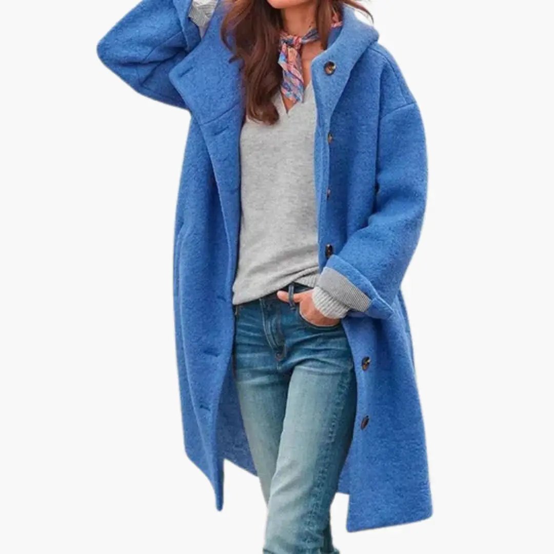 Women's long coat by Wilfred Smith in blue with stand collar and front zip