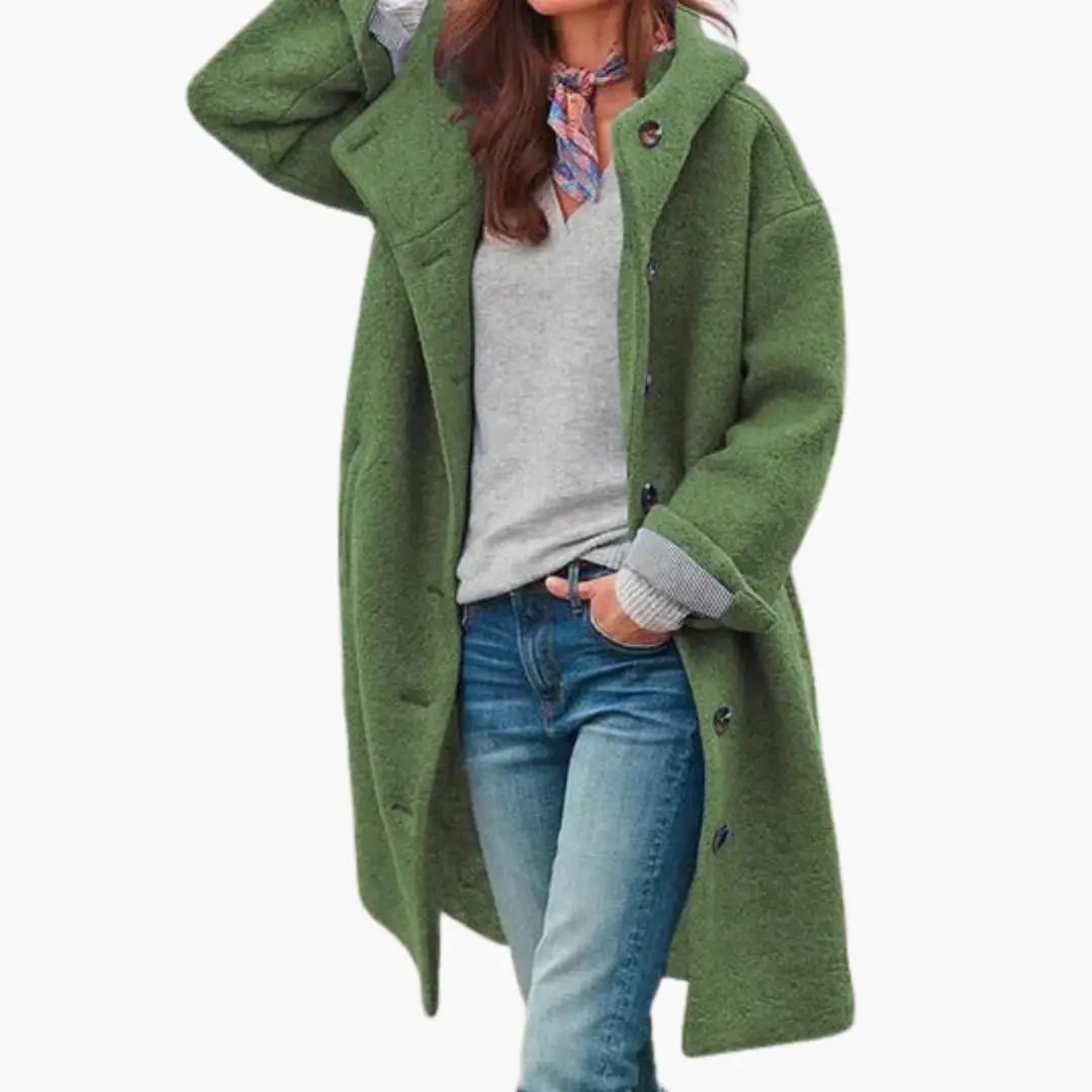 Women’s long green coat with stand collar and front zip closure