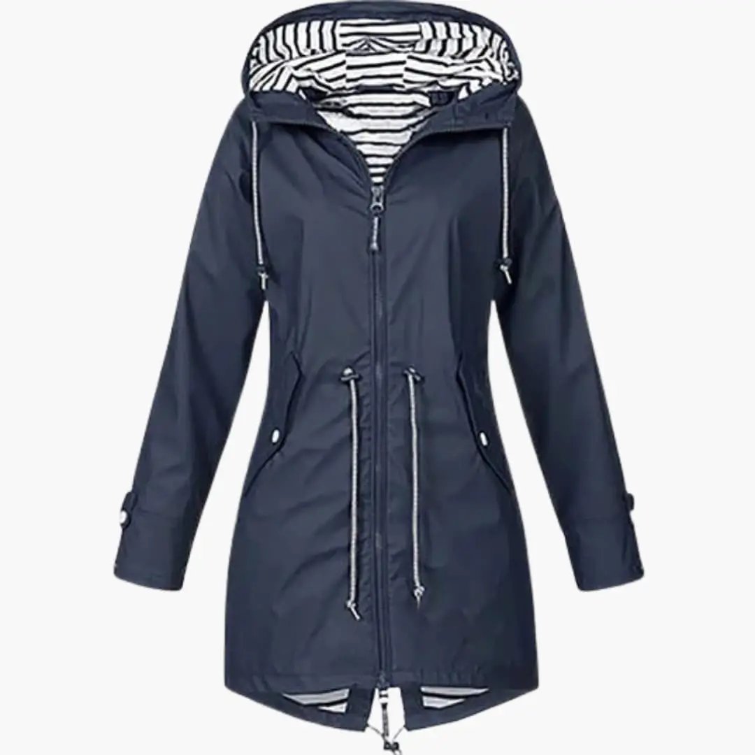 Women’s Long Hooded Coat, navy rain coat with adjustable drawstring waist and striped lining.