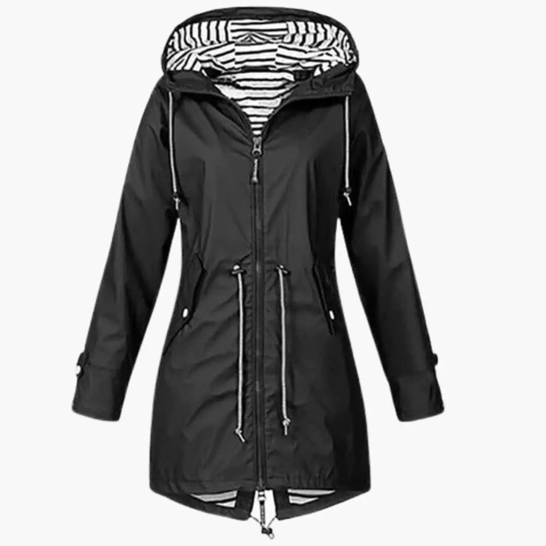 Women’s long hooded coat with adjustable drawstring waist, black with zebra-striped lining