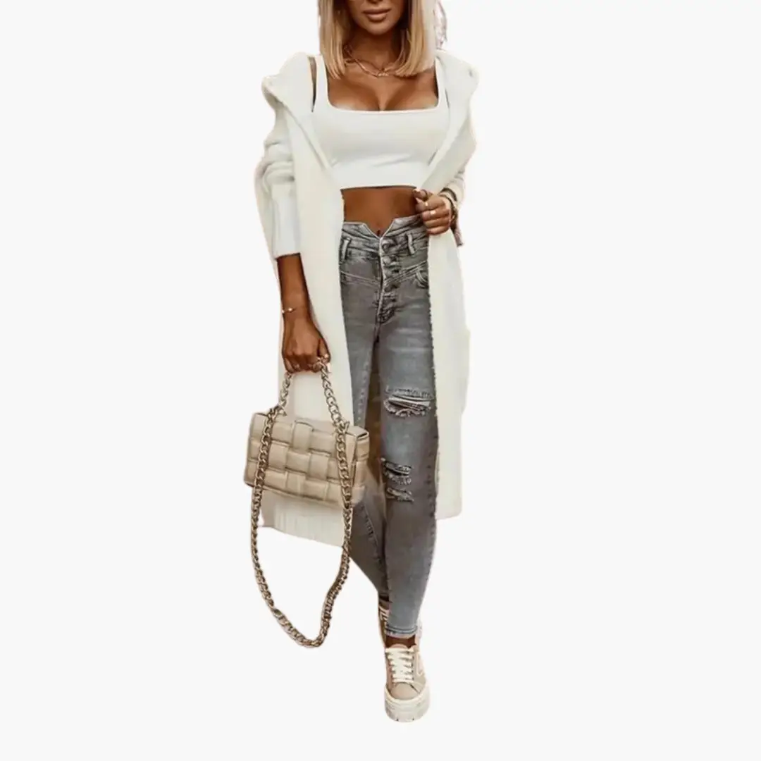 Women's long hooded knitted cardigan in white, open-front with side pockets Wilfred Smith
