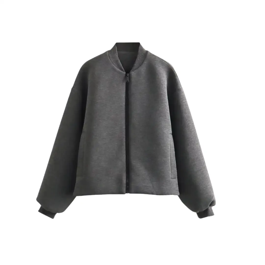 Women's long sleeve bomber jacket in charcoal gray with front zipper and pockets