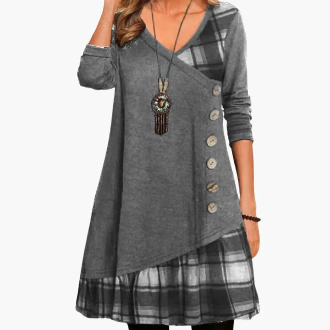Women's Long Sleeve Checkered Dress in grey knit with plaid hem and row of side buttons