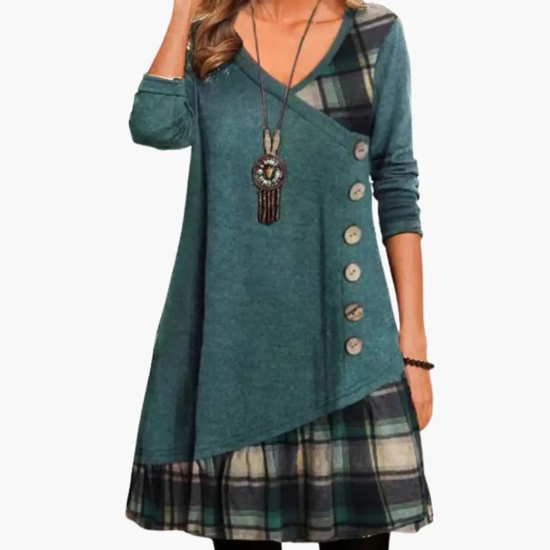 Women’s long sleeve checkered dress in teal with round neckline and plaid hem with side button row