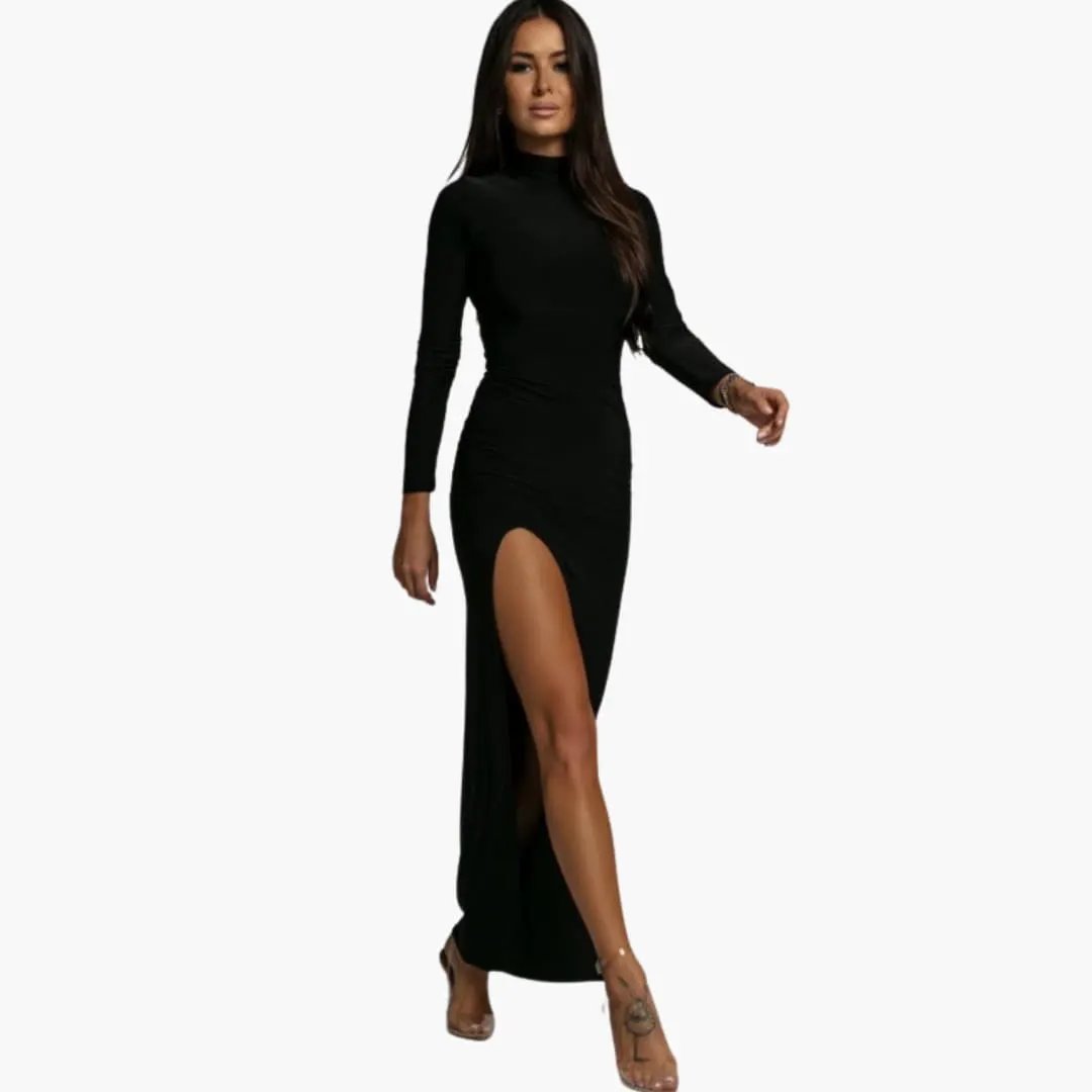Women’s Long Sleeve Dress by Wilfred Smith in black with round neckline and thigh-high slit