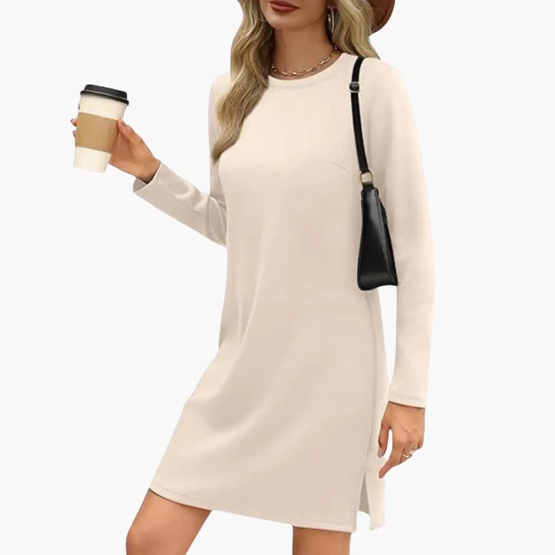 Women's long sleeve beige mini dress with round neck and straight hem by Wilfred Smith
