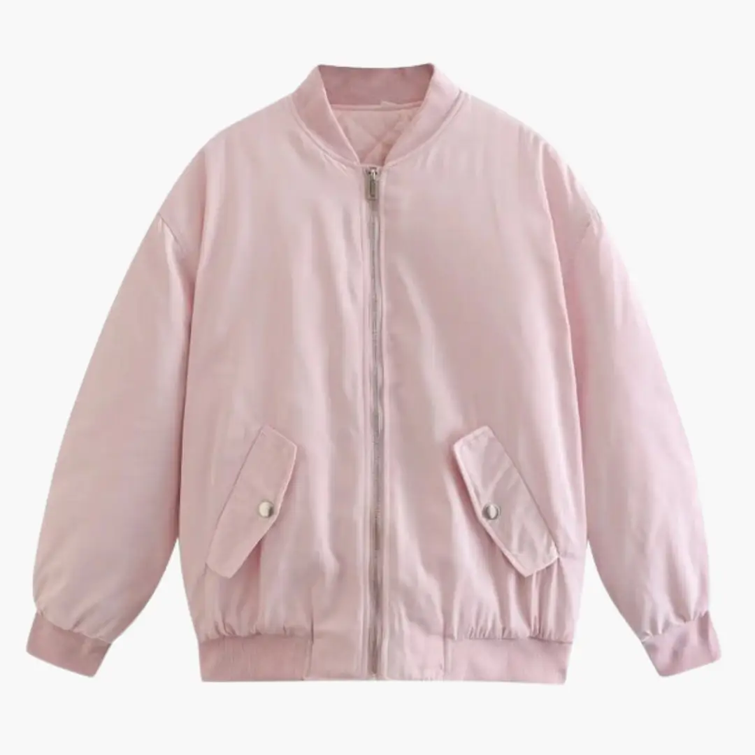 Women's pink oversized bomber jacket with zip front, ribbed cuffs and hem, and two flap pockets