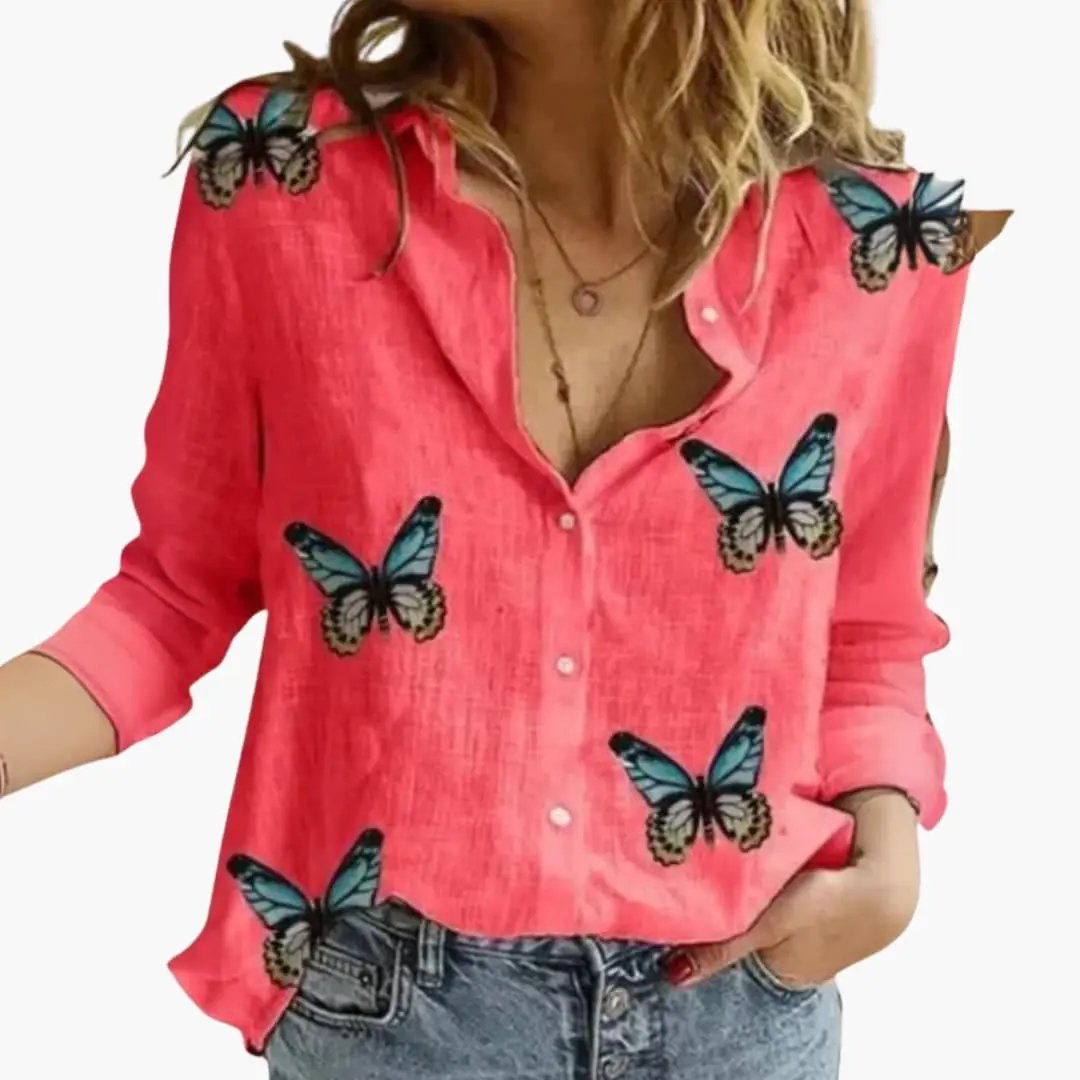 Women’s long-sleeve pink butterfly-print blouse with button front, relaxed fit.